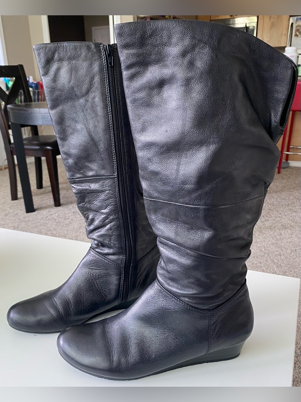 Aldo Black Leather Knee-High Wedge Boots